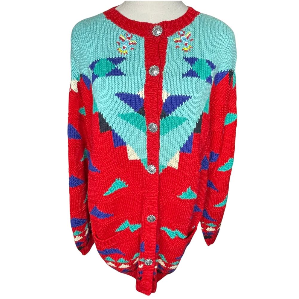 Jayson Younger Large Vintage Southwest Knit Cardigan Beaded Thunderbirds EUC